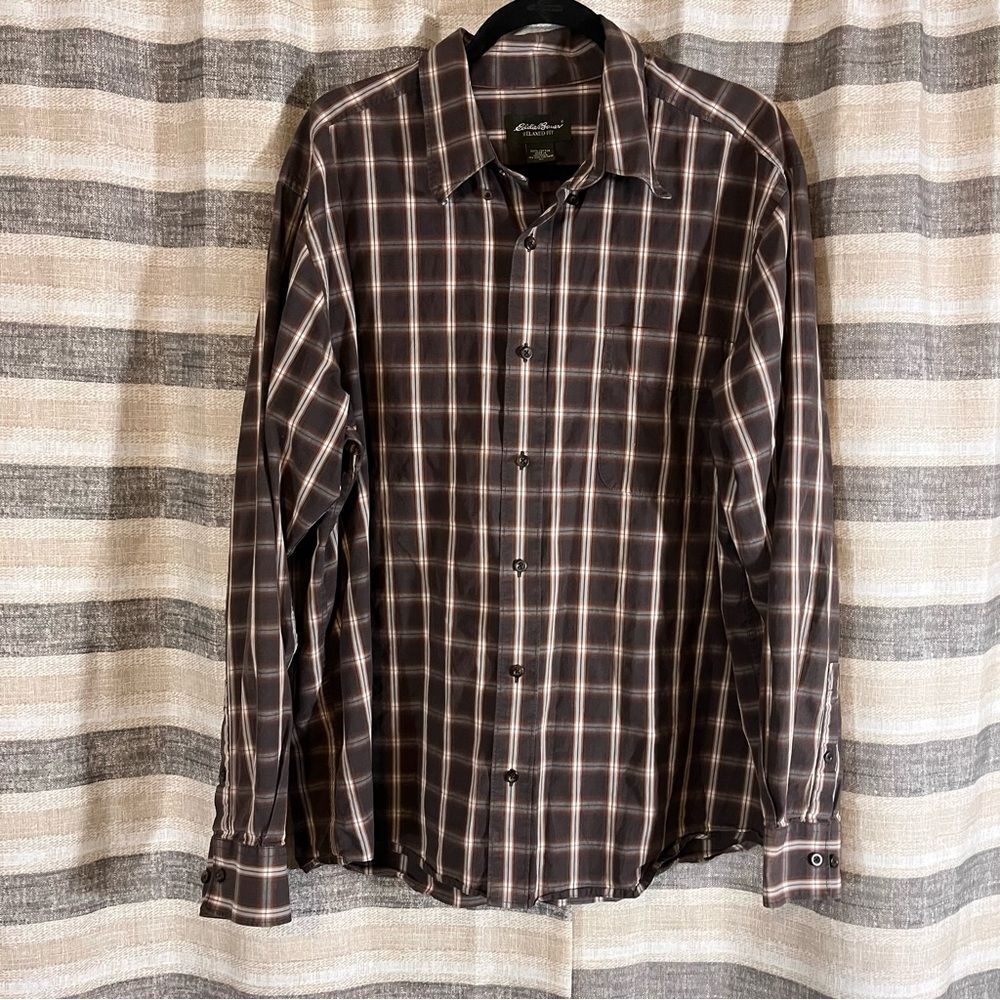 Eddie Bauer Brown Plaid Button Down Shirt Size XL